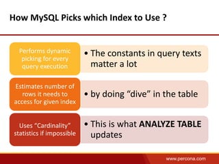 How MySQL Picks which Index to Use ? 
• The constants in query texts 
matter a lot 
www.percona.com 
Performs dynamic 
picking for every 
query execution 
• by doing “dive” in the table 
Estimates number of 
rows it needs to 
access for given index 
• This is what ANALYZE TABLE 
updates 
Uses “Cardinality” 
statistics if impossible 
 