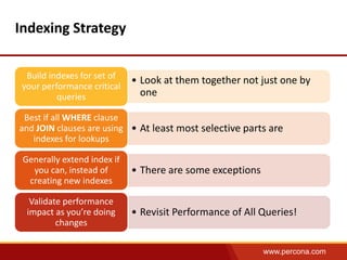 www.percona.com 
Indexing Strategy 
• Look at them together not just one by 
one 
Build indexes for set of 
your performance critical 
queries 
• At least most selective parts are 
Best if all WHERE clause 
and JOIN clauses are using 
indexes for lookups 
• There are some exceptions 
Generally extend index if 
you can, instead of 
creating new indexes 
• Revisit Performance of All Queries! 
Validate performance 
impact as you’re doing 
changes 
 