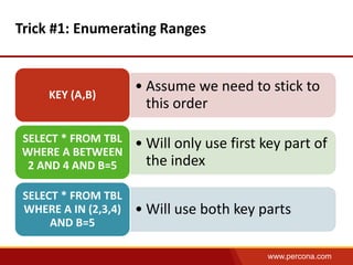 www.percona.com 
Trick #1: Enumerating Ranges 
• Assume we need to stick to 
this order 
KEY (A,B) 
• Will only use first key part of 
the index 
SELECT * FROM TBL 
WHERE A BETWEEN 
2 AND 4 AND B=5 
• Will use both key parts 
SELECT * FROM TBL 
WHERE A IN (2,3,4) 
AND B=5 
 