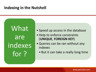 www.percona.com 
Indexing in the Nutshell 
• Speed up access in the database 
• Help to enforce constraints 
(UNIQUE, FOREIGN KEY) 
• Queries can be ran without any 
indexes 
• But it can take a really long time 
What 
are 
indexes 
for ? 
 