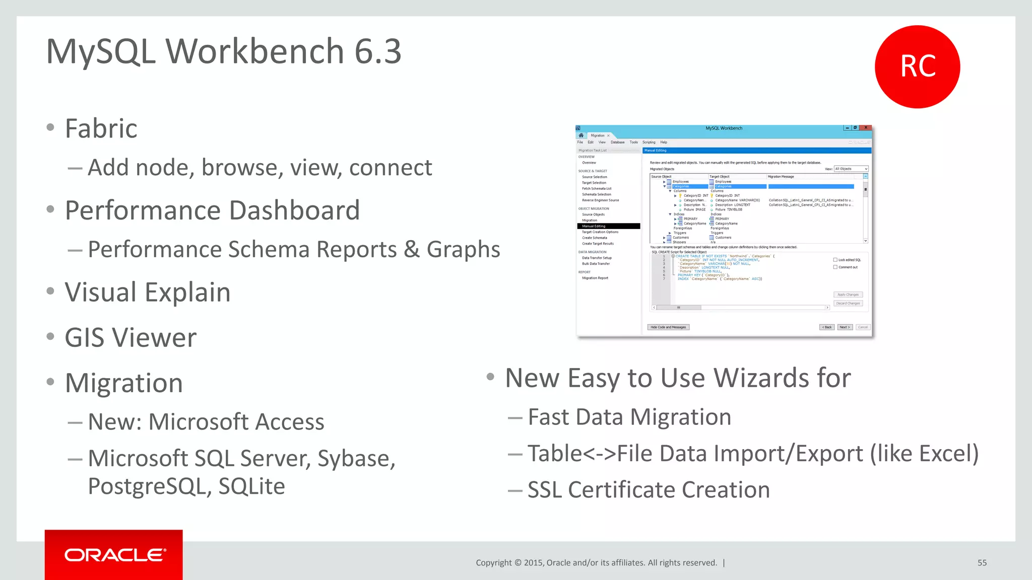 Copyright © 2015, Oracle and/or its affiliates. All rights reserved. |
MySQL Workbench 6.3
• Fabric
– Add node, browse, view, connect
• Performance Dashboard
– Performance Schema Reports & Graphs
• Visual Explain
• GIS Viewer
• Migration
– New: Microsoft Access
– Microsoft SQL Server, Sybase,
PostgreSQL, SQLite
RC
55
• New Easy to Use Wizards for
– Fast Data Migration
– Table<->File Data Import/Export (like Excel)
– SSL Certificate Creation
 