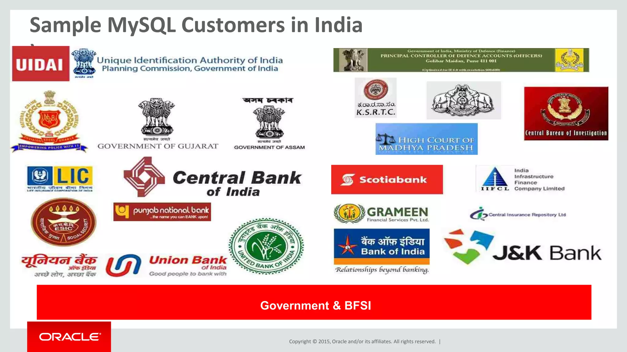 Copyright © 2015, Oracle and/or its affiliates. All rights reserved. |
Government & BFSI
Sample MySQL Customers in India
)
 