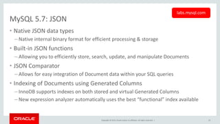 Copyright © 2015, Oracle and/or its affiliates. All rights reserved. |
MySQL 5.7: JSON
• Native JSON data types
– Native internal binary format for efficient processing & storage
• Built-in JSON functions
– Allowing you to efficiently store, search, update, and manipulate Documents
• JSON Comparator
– Allows for easy integration of Document data within your SQL queries
• Indexing of Documents using Generated Columns
– InnoDB supports indexes on both stored and virtual Generated Columns
– New expression analyzer automatically uses the best “functional” index available
23
labs.mysql.com
 