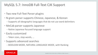 Copyright © 2015, Oracle and/or its affiliates. All rights reserved. |
MySQL 5.7: InnoDB Full-Text CJK Support
• Two new Full-Text Parser plugins
• N-gram parser supports Chinese, Japanese, & Korean
– Supports all ideographic languages that do not use word delimiters
• MeCab parser supports Japanese
– Native Japanese focused language support
• Easily customized
– Token sizes, stop words, …
• Supports advanced searches
– BOOLEAN MODE, NATURAL LANGUAGE MODE, with Ranking
 