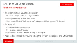 Copyright © 2015, Oracle and/or its affiliates. All rights reserved. |
EAF: InnoDB Compression
Thank you, SanDisk Fusion-io
• Transparent Page Level Compression
– Happens transparently in background threads
– Managed entirely within the IO layer
– Uses sparse file and "hole punching" support in OS kernels and File Systems
• Reduces IO
– Improves MySQL performance
– Improves storage efficiency
– Reduces write cycles, thus increasing SSD lifespan
• Applies to all InnoDB data, including the system tablespace and UNDO logs
30
labs.mysql.com
 