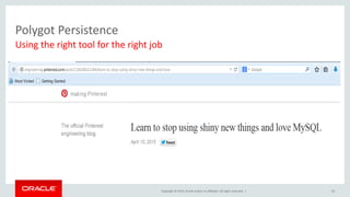 Copyright © 2015, Oracle and/or its affiliates. All rights reserved. |
Polygot Persistence
63
Using the right tool for the right job
 