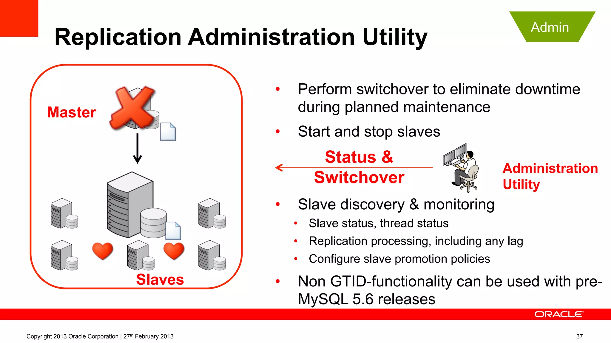Replication Administration Utility
•  Perform switchover to eliminate downtime
during planned maintenance
•  Start and stop slaves
•  Slave discovery & monitoring
•  Slave status, thread status
•  Replication processing, including any lag
•  Configure slave promotion policies
•  Non GTID-functionality can be used with pre-
MySQL 5.6 releases
Master
Slaves
Administration
Utility
Status &
Switchover
Admin
Copyright 2013 Oracle Corporation | 27th February 2013 37
 