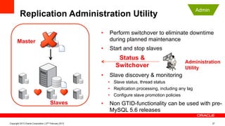 Replication Administration Utility
•  Perform switchover to eliminate downtime
during planned maintenance
•  Start and stop slaves
•  Slave discovery & monitoring
•  Slave status, thread status
•  Replication processing, including any lag
•  Configure slave promotion policies
•  Non GTID-functionality can be used with pre-
MySQL 5.6 releases
Master
Slaves
Administration
Utility
Status &
Switchover
Admin
Copyright 2013 Oracle Corporation | 27th February 2013 37
 