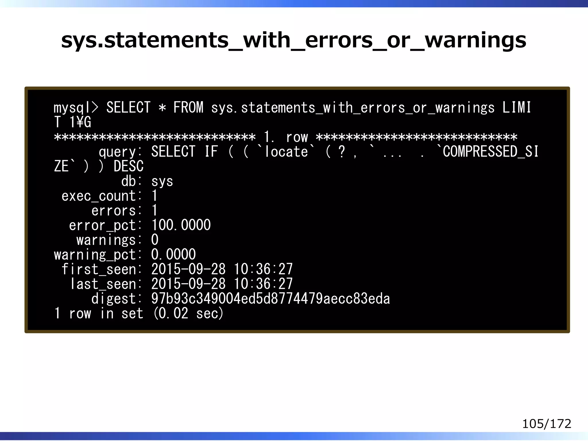 sys.statements̲with̲errors̲or̲warnings
mysql> SELECT * FROM sys.statements_with_errors_or_warnings LIMI
T 1G
*************************** 1. row ***************************
query: SELECT IF ( ( `locate` ( ? , ` ... . `COMPRESSED_SI
ZE` ) ) DESC
db: sys
exec_count: 1
errors: 1
error_pct: 100.0000
warnings: 0
warning_pct: 0.0000
first_seen: 2015-09-28 10:36:27
last_seen: 2015-09-28 10:36:27
digest: 97b93c349004ed5d8774479aecc83eda
1 row in set (0.02 sec)
105/172
 