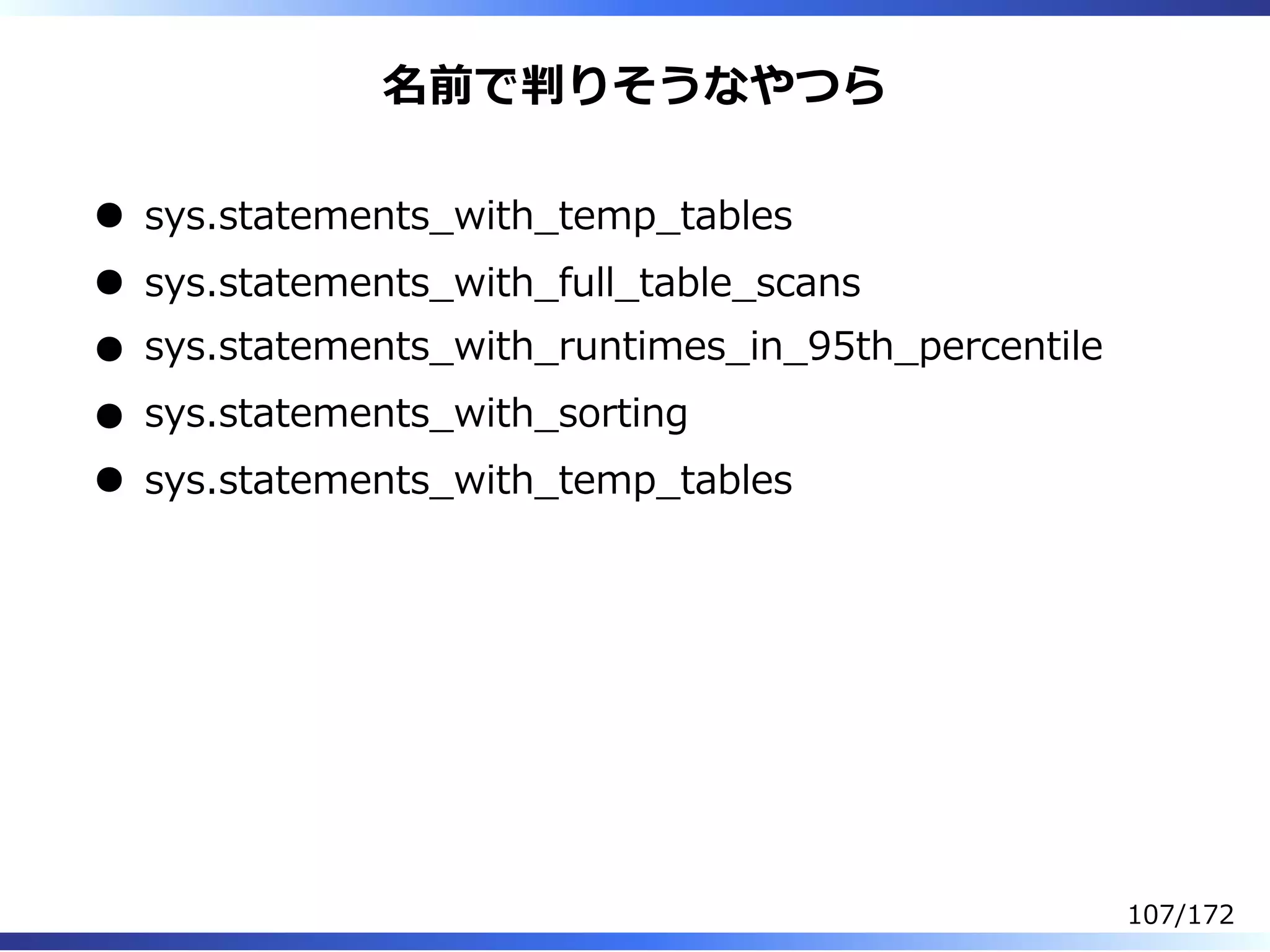 名前で判りそうなやつら
sys.statements̲with̲temp̲tables
sys.statements̲with̲full̲table̲scans
sys.statements̲with̲runtimes̲in̲95th̲percentile
sys.statements̲with̲sorting
sys.statements̲with̲temp̲tables
107/172
 