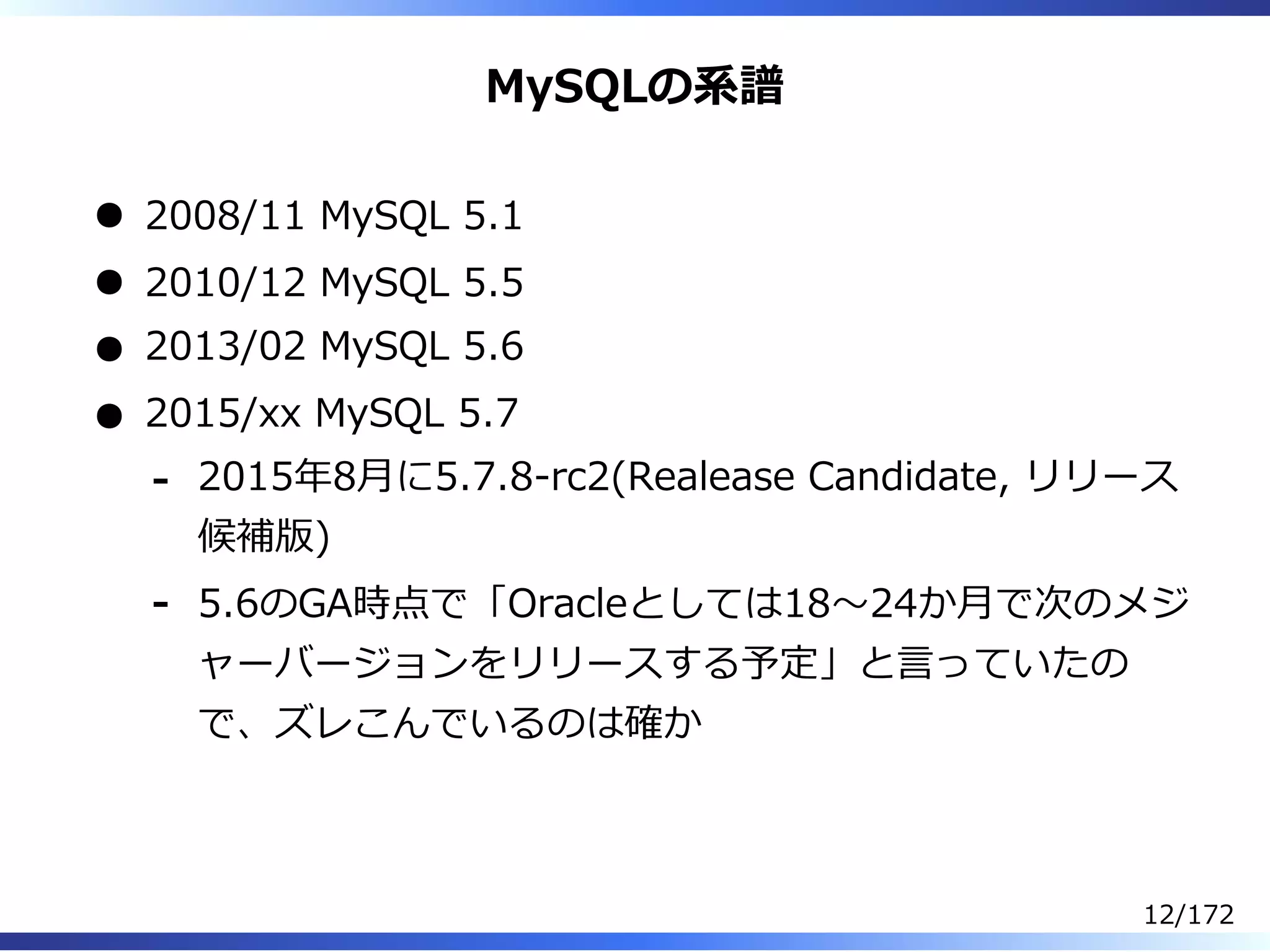 MySQLの系譜
2008/11 MySQL 5.1
2010/12 MySQL 5.5
2013/02 MySQL 5.6
2015/xx MySQL 5.7
2015年8⽉に5.7.8-rc2(Realease Candidate, リリース
候補版)
-
5.6のGA時点で「Oracleとしては18〜24か⽉で次のメジ
ャーバージョンをリリースする予定」と⾔っていたの
で、ズレこんでいるのは確か
-
12/172
 