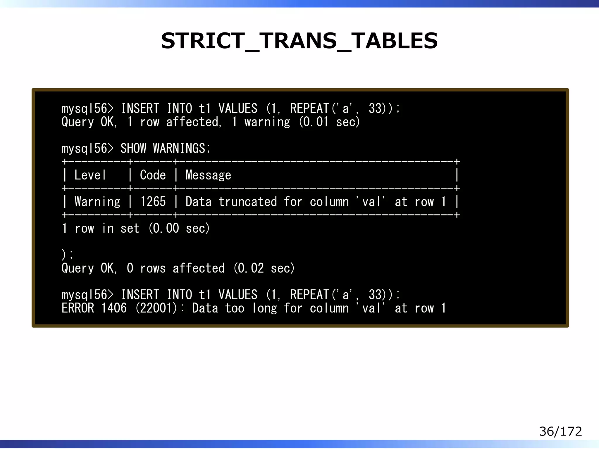 STRICT̲TRANS̲TABLES
mysql56> INSERT INTO t1 VALUES (1, REPEAT('a', 33));
Query OK, 1 row affected, 1 warning (0.01 sec)
mysql56> SHOW WARNINGS;
+---------+------+------------------------------------------+
| Level | Code | Message |
+---------+------+------------------------------------------+
| Warning | 1265 | Data truncated for column 'val' at row 1 |
+---------+------+------------------------------------------+
1 row in set (0.00 sec)
);
Query OK, 0 rows affected (0.02 sec)
mysql56> INSERT INTO t1 VALUES (1, REPEAT('a', 33));
ERROR 1406 (22001): Data too long for column 'val' at row 1
36/172
 