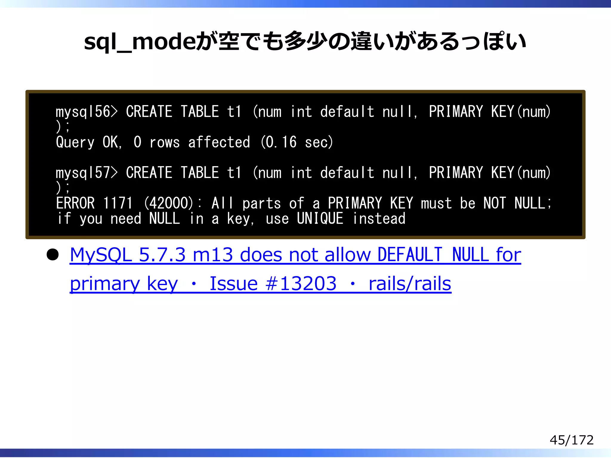sql̲modeが空でも多少の違いがあるっぽい
mysql56> CREATE TABLE t1 (num int default null, PRIMARY KEY(num)
);
Query OK, 0 rows affected (0.16 sec)
mysql57> CREATE TABLE t1 (num int default null, PRIMARY KEY(num)
);
ERROR 1171 (42000): All parts of a PRIMARY KEY must be NOT NULL;
if you need NULL in a key, use UNIQUE instead
MySQL 5.7.3 m13 does not allow DEFAULT NULL for
primary key ・ Issue #13203 ・ rails/rails
45/172
 