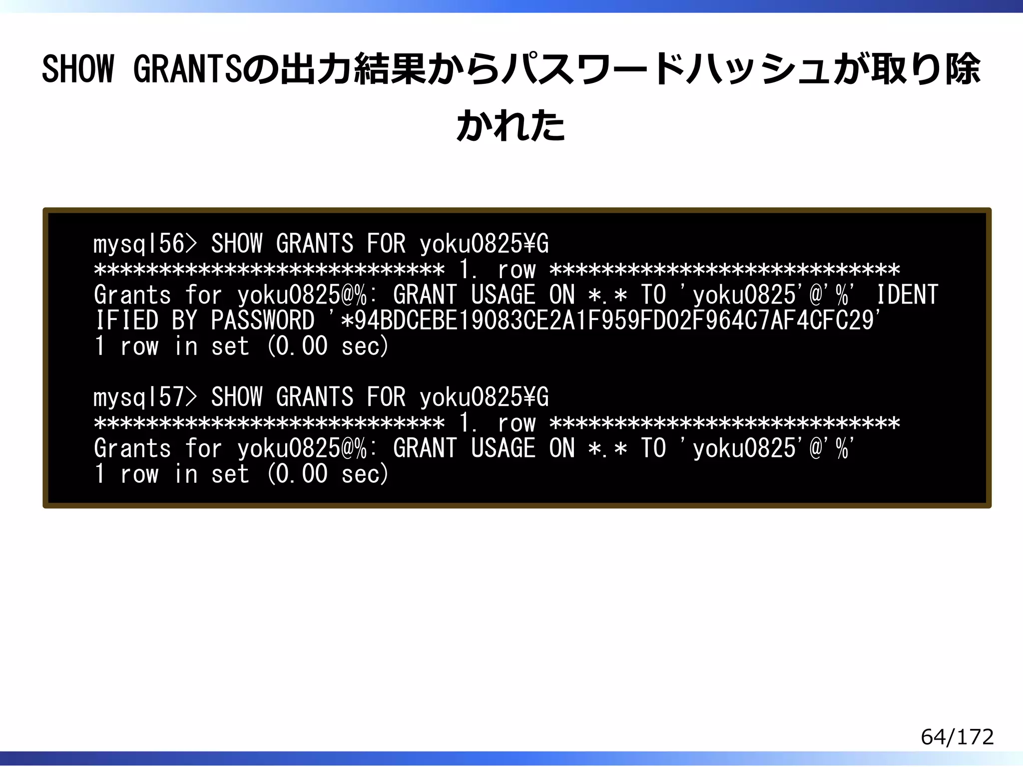 SHOW GRANTSの出⼒結果からパスワードハッシュが取り除
かれた
mysql56> SHOW GRANTS FOR yoku0825G
*************************** 1. row ***************************
Grants for yoku0825@%: GRANT USAGE ON *.* TO 'yoku0825'@'%' IDENT
IFIED BY PASSWORD '*94BDCEBE19083CE2A1F959FD02F964C7AF4CFC29'
1 row in set (0.00 sec)
mysql57> SHOW GRANTS FOR yoku0825G
*************************** 1. row ***************************
Grants for yoku0825@%: GRANT USAGE ON *.* TO 'yoku0825'@'%'
1 row in set (0.00 sec)
64/172
 