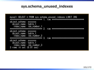 sys.schema̲unused̲indexes
mysql> SELECT * FROM sys.schema_unused_indexes LIMIT 3G
*************************** 1. row *****...