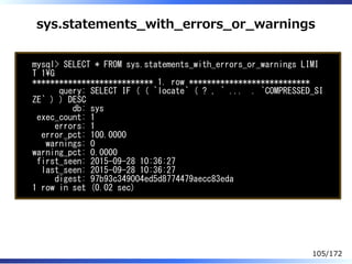 sys.statements̲with̲errors̲or̲warnings
mysql> SELECT * FROM sys.statements_with_errors_or_warnings LIMI
T 1G
*************...
