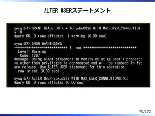 ALTER USERステートメント
mysql57> GRANT USAGE ON *.* TO yoku0826 WITH MAX_USER_CONNECTION
S 10;
Query OK, 0 rows affected, 1 warn...