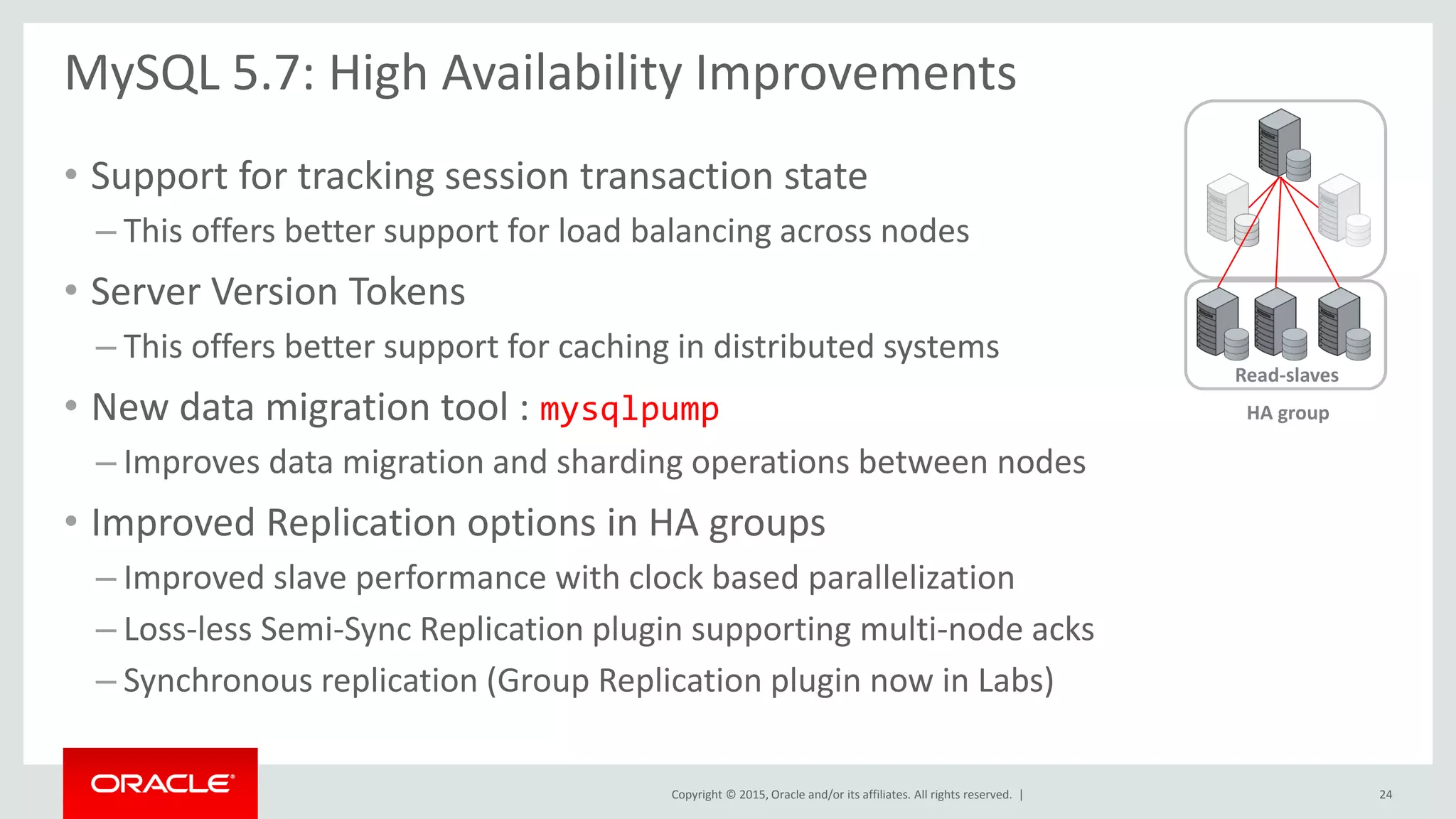 Copyright © 2015, Oracle and/or its affiliates. All rights reserved. |
• Support for tracking session transaction state
– This offers better support for load balancing across nodes
• Server Version Tokens
– This offers better support for caching in distributed systems
• New data migration tool : mysqlpump
– Improves data migration and sharding operations between nodes
• Improved Replication options in HA groups
– Improved slave performance with clock based parallelization
– Loss-less Semi-Sync Replication plugin supporting multi-node acks
– Synchronous replication (Group Replication plugin now in Labs)
MySQL 5.7: High Availability Improvements
Read-slaves
HA group
24
 