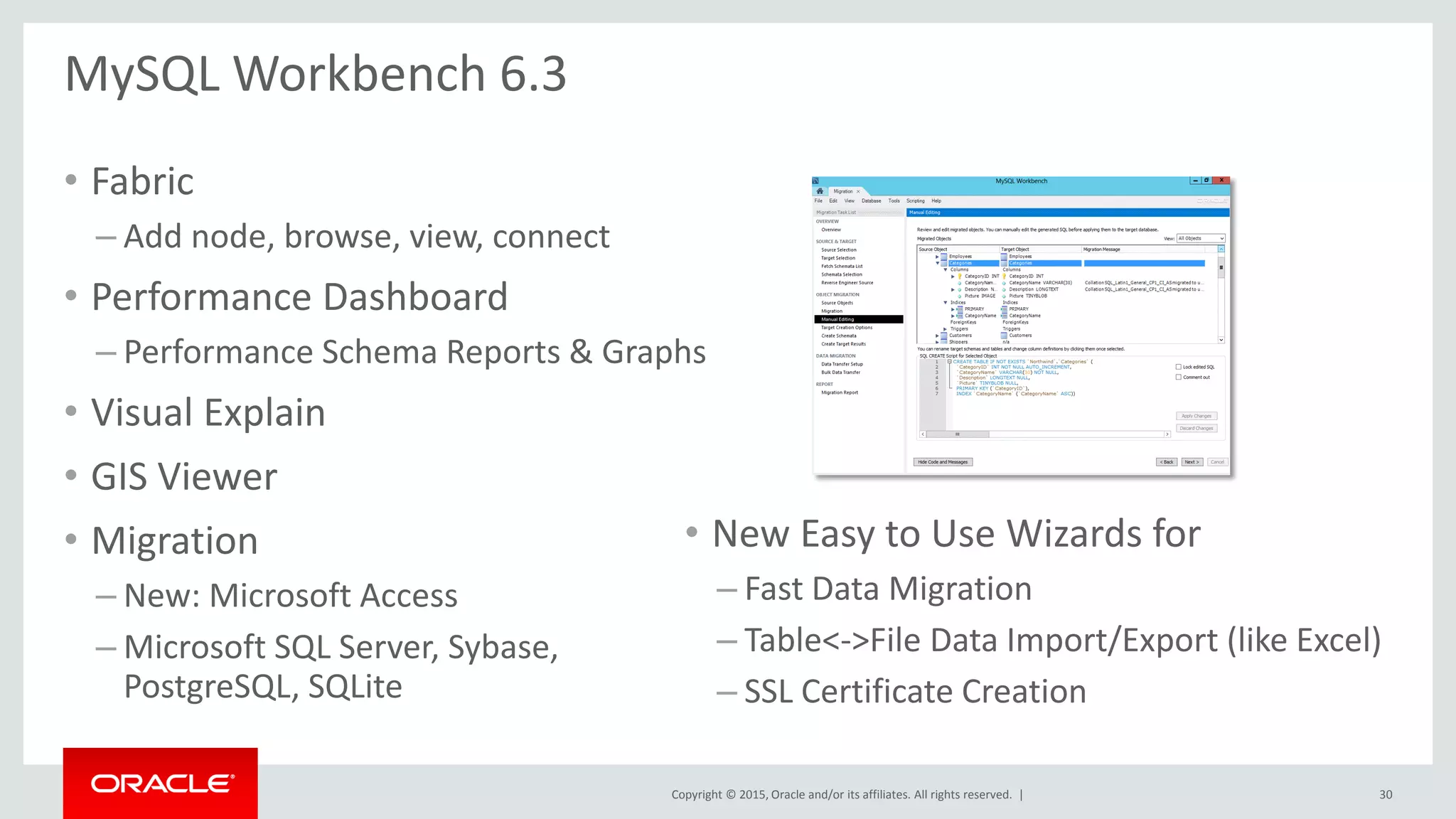 Copyright © 2015, Oracle and/or its affiliates. All rights reserved. |
MySQL Workbench 6.3
• Fabric
– Add node, browse, view, connect
• Performance Dashboard
– Performance Schema Reports & Graphs
• Visual Explain
• GIS Viewer
• Migration
– New: Microsoft Access
– Microsoft SQL Server, Sybase,
PostgreSQL, SQLite
30
• New Easy to Use Wizards for
– Fast Data Migration
– Table<->File Data Import/Export (like Excel)
– SSL Certificate Creation
 