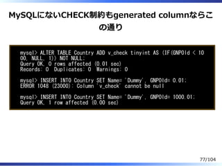MySQLにないCHECK制約もgenerated columnならこ
の通り
mysql> ALTER TABLE Country ADD v_check tinyint AS (IF(GNPOld < 10
00, NULL, 1)) NOT NULL;
Query OK, 0 rows affected (0.01 sec)
Records: 0 Duplicates: 0 Warnings: 0
mysql> INSERT INTO Country SET Name= 'Dummy', GNPOld= 0.01;
ERROR 1048 (23000): Column 'v_check' cannot be null
mysql> INSERT INTO Country SET Name= 'Dummy', GNPOld= 1000.01;
Query OK, 1 row affected (0.00 sec)
77/104
 