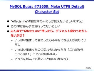 MySQL Bugs: #71659: Make UTF8 Default
Character Set
“Affects me”の数は中の⼈にしか⾒えないらしいけれど
このFRはあんまり流⾏ってないらしい
みんなで”Affects me”押したら、デフォルト変わったりし
ないかな？
いっぱい集まって変わったら不幸せになる⼈が減りそう
だし
-
いっぱい集まったのに変わらなかったら「これだから
○racleは！」ってdisればいいし
-
どっちに転んでも悪いことはないかなって-
8/104
 