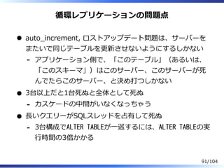 循環レプリケーションの問題点
auto̲increment, ロストアップデート問題は、サーバーを
またいで同じテーブルを更新させないようにするしかない
アプリケーション側で、「このテーブル」（あるいは、
「このスキーマ」）はこのサーバー、このサーバーが死
んでたらこのサーバー、と決め打つしかない
-
3台以上だと1台死ぬと全体として死ぬ
カスケードの中間がいなくなっちゃう-
⻑いクエリーがSQLスレッドを占有して死ぬ
3台構成でALTER TABLEが⼀巡するには、ALTER TABLEの実
⾏時間の3倍かかる
-
91/104
 