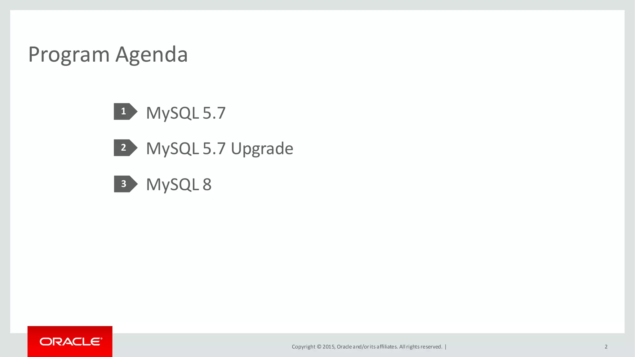 Copyright © 2015, Oracleand/orits affiliates. Allrights reserved. |
Program Agenda
MySQL 5.7
MySQL 5.7 Upgrade
MySQL 8
1
2
2
3
 