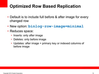 Optimized Row Based Replication

       •  Default is to include full before & after image for every
          changed row
       •  New option: binlog-row-image=minimal
       •  Reduces space:
             •  Inserts: only after image
             •  Deletes: only before image
             •  Updates: after image + primary key or indexed columns of
                before image




                                                                           The image cannot be




Copyright 2012 Oracle Corporation                                                                15
 