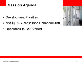 Session Agenda

                                        <Insert Picture Here>
•  Development Priorities
•  MySQL 5.6 Replication Enhancements
•  Resources to Get Started




                                               The image cannot be




Copyright 2012 Oracle Corporation                                    2
 