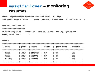 Fail-
          mysqlfailover – monitoring                                                    Over

          resumes
MySQL Replication Monitor and Failover Utility
Failover Mode = auto     Next Interval = Mon Mar 19 16:05:12 2012

Master Information
------------------
Binary Log File    Position         Binlog_Do_DB   Binlog_Ignore_DB
mysql-bin.000001 1117

UUIDs
+------------+-------+---------+--------+------------+---------+
| host       | port | role     | state | gtid_mode | health |
+------------+-------+---------+--------+------------+---------+
| jane       | 3306 | MASTER | UP       | ON         | OK      |
| jane       | 3307 | SLAVE    | UP     | ON         | OK      |
| freddy     | 3306 | SLAVE    | UP     | ON         | OK      |
+------------+-------+---------+--------+------------+---------+
                                                                      The image cannot be




Copyright 2012 Oracle Corporation                                                           26
 
