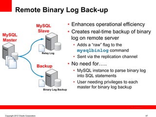 Remote Binary Log Back-up

                                     MySQL                 •  Enhances operational efficiency
                                     Slave                 •  Creates real-time backup of binary
MySQL
Master                                                        log on remote server
                                                             •  Adds a “raw” flag to the
                                      Relay Log
                                                                mysqlbinlog command
                                                             •  Sent via the replication channel

                                     Backup                •  No need for…..
                                                             •  MySQL instance to parse binary log
                                                                into SQL statements
                                                             •  User needing privileges to each
                                       Binary Log Backup
                                                                master for binary log backup



                                                                                              The image cannot be




 Copyright 2012 Oracle Corporation                                                                                  47
 