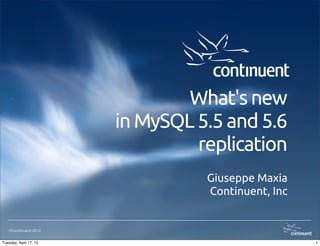 What's new
                        in MySQL 5.5 and 5.6
                                 replication
                                  Giuseppe Maxia
                                  Continuent, Inc


   ©Continuent 2012.


Tuesday, April 17, 12                               1
 