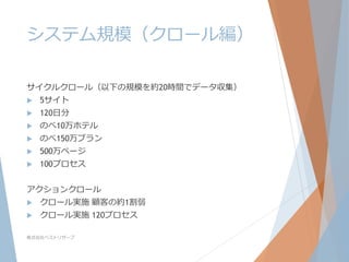 システム規模（クロール編）
サイクルクロール（以下の規模を約20時間でデータ収集）


5サイト



120日分



のべ10万ホテル



のべ150万プラン



500万ページ



100プロセス

アクションクロール


クロール実施 顧客の約1割弱



クロール実施 120プロセス

株式会社ベストリザーブ

 