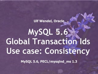 Ulf Wendel, Oracle


     MySQL 5.6
Global Transaction Ids
Use case: Consistency
   MySQL 5.6, PECL/mysqlnd_ms 1.3
 