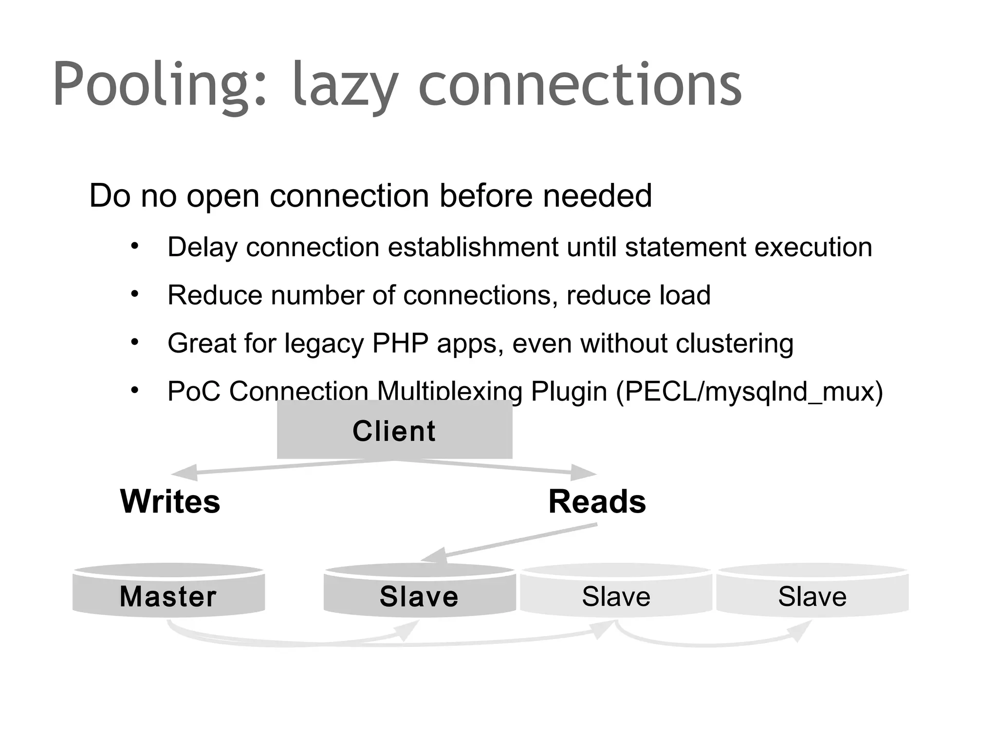 Do no open connection before needed
• Delay connection establishment until statement execution
• Reduce number of connections, reduce load
• Great for legacy PHP apps, even without clustering
• PoC Connection Multiplexing Plugin (PECL/mysqlnd_mux)
Pooling: lazy connections
Client
Writes Reads
Master SlaveSlave Slave
 