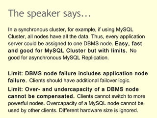 The speaker says...
In a synchronous cluster, for example, if using MySQL
Cluster, all nodes have all the data. Thus, every application
server could be assigned to one DBMS node. Easy, fast
and good for MySQL Cluster but with limits. No
good for asynchronous MySQL Replication.
Limit: DBMS node failure includes application node
failure. Clients should have additional failover logic.
Limit: Over- and undercapacity of a DBMS node
cannot be compensated. Clients cannot switch to more
powerful nodes. Overcapacity of a MySQL node cannot be
used by other clients. Different hardware size is ignored.
 