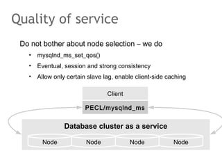 Do not bother about node selection – we do
• mysqlnd_ms_set_qos()
• Eventual, session and strong consistency
• Allow only certain slave lag, enable client-side caching
Quality of service
Database cluster as a service
Client
Node NodeNode Node
PECL/mysqlnd_ms
 