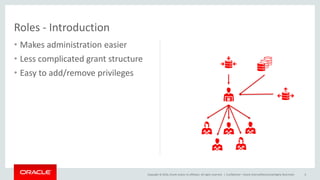 Copyright © 2016, Oracle and/or its affiliates. All rights reserved. |
Roles - Introduction
• Makes administration easier
• Less complicated grant structure
• Easy to add/remove privileges
Confidential – Oracle Internal/Restricted/Highly Restricted 6
 