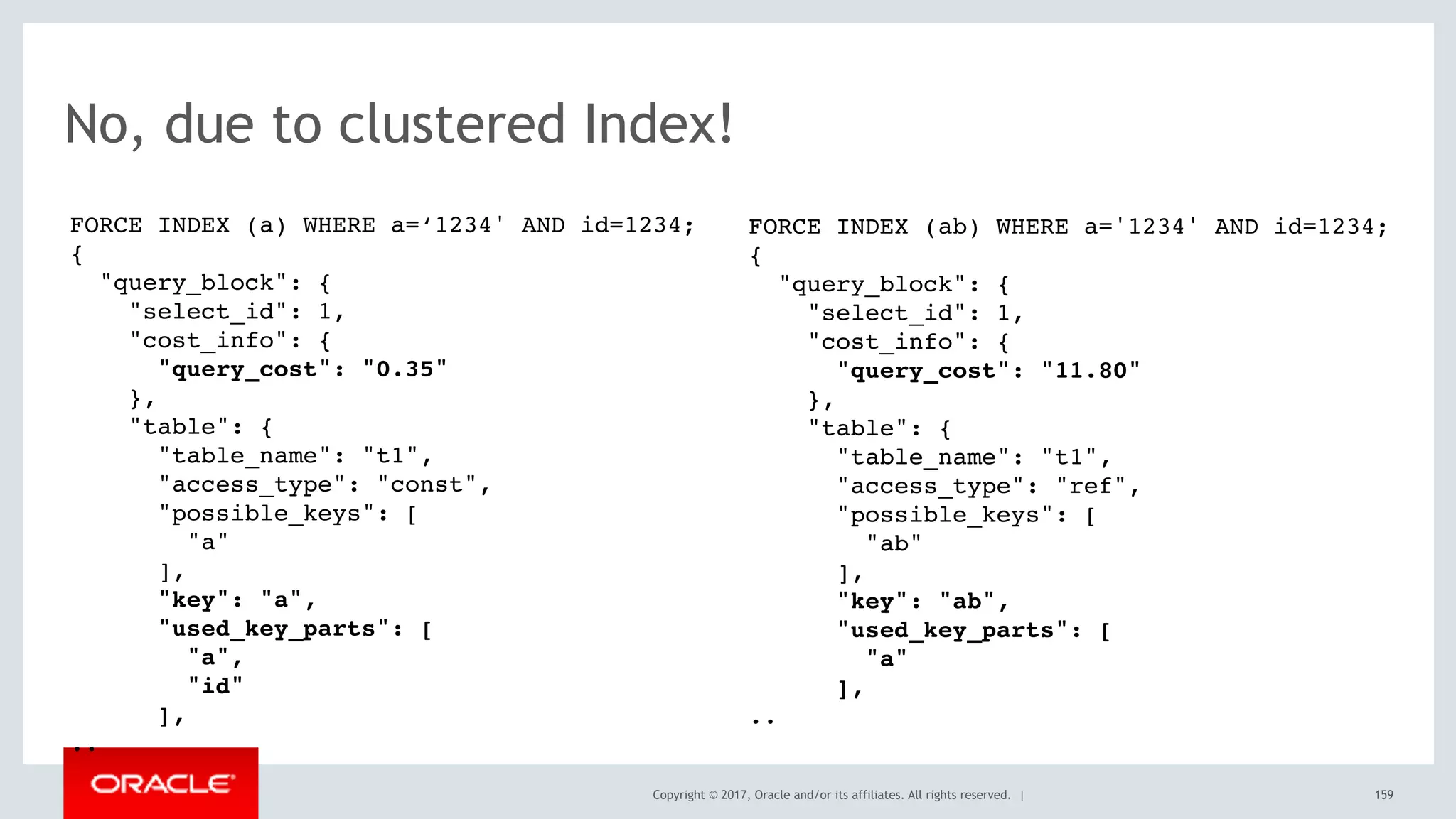 Copyright © 2017, Oracle and/or its affiliates. All rights reserved. | 159
No, due to clustered Index!
FORCE INDEX (a) WHERE a=‘1234' AND id=1234;
{
"query_block": {
"select_id": 1,
"cost_info": {
"query_cost": "0.35"
},
"table": {
"table_name": "t1",
"access_type": "const",
"possible_keys": [
"a"
],
"key": "a",
"used_key_parts": [
"a",
"id"
],
..
FORCE INDEX (ab) WHERE a='1234' AND id=1234;
{
"query_block": {
"select_id": 1,
"cost_info": {
"query_cost": "11.80"
},
"table": {
"table_name": "t1",
"access_type": "ref",
"possible_keys": [
"ab"
],
"key": "ab",
"used_key_parts": [
"a"
],
..
 