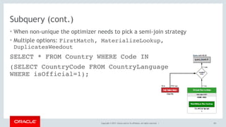 Copyright © 2017, Oracle and/or its affiliates. All rights reserved. |
SELECT * FROM Country WHERE Code IN
(SELECT CountryCode FROM CountryLanguage  
WHERE isOfficial=1);
Subquery (cont.)
• When non-unique the optimizer needs to pick a semi-join strategy
• Multiple options: FirstMatch, MaterializeLookup,
DuplicatesWeedout
101
 