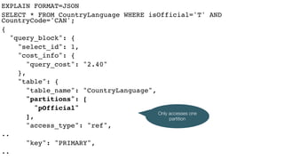 EXPLAIN FORMAT=JSON
SELECT * FROM CountryLanguage WHERE isOfficial='T' AND
CountryCode='CAN';
{
"query_block": {
"select_id": 1,
"cost_info": {
"query_cost": "2.40"
},
"table": {
"table_name": "CountryLanguage",
"partitions": [
"pOfficial"
],
"access_type": "ref",
..
"key": "PRIMARY",
..
Only accesses one
partition
 