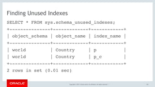 Copyright © 2017, Oracle and/or its affiliates. All rights reserved. |
Finding Unused Indexes
SELECT * FROM sys.schema_unused_indexes;
+---------------+-------------+------------+
| object_schema | object_name | index_name |
+---------------+-------------+------------+
| world | Country | p |
| world | Country | p_c |
+---------------+-------------+------------+
2 rows in set (0.01 sec)
155
 