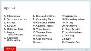 Copyright © 2017, Oracle and/or its affiliates. All rights reserved. |
Agenda
1. Introduction
2. Server Architecture
3. B+trees
4. EXPLAIN
5. Optimizer Trace
6. Logical
Transformations
7. Cost Based
Optimization
8. Hints and Switches
9. Comparing Plans
10.Composite Indexes
11.Covering Indexes
12.Visual Explain
13.Transient Plans
14.Subqueries
15.CTEs and Views
16.Joins
17.Aggregation
18.Descending Indexes
19.Sorting
20.Partitioning
21.Query Rewrite
22.Invisible Indexes
23.Profiling
24.JSON
25.Character Sets
166
 