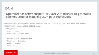 Copyright © 2017, Oracle and/or its affiliates. All rights reserved. |
JSON
• Optimizer has native support for JSON with indexes on generated
columns used for matching JSON path expressions
167
CREATE TABLE CountryJson (Code char(3) not null primary key, doc JSON NOT NULL);
INSERT INTO CountryJSON SELECT code,
JSON_OBJECT(
'Name', Name,
'Continent', Continent,
..
'HeadOfState',HeadOfState,
'Capital', Capital,
'Code2', Code2
) FROM Country;
 