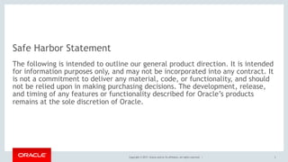 Copyright © 2017, Oracle and/or its affiliates. All rights reserved. |
Safe Harbor Statement
The following is intended to outline our general product direction. It is intended
for information purposes only, and may not be incorporated into any contract. It
is not a commitment to deliver any material, code, or functionality, and should
not be relied upon in making purchasing decisions. The development, release,
and timing of any features or functionality described for Oracle’s products
remains at the sole discretion of Oracle.
3
 