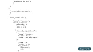 "depends_on_map_bits": [
]
}
]
},
{
"ref_optimizer_key_uses": [
]
},
{
"rows_estimation": [
{
"table": "`country`",
"range_analysis": {
"table_scan": {
"rows": 239,
"cost": 27.5
},
"potential_range_indexes": [
{
"index": "PRIMARY",
"usable": false,
"cause": "not_applicable"
},
{
"index": "p",
"usable": true,
"key_parts": [
"Population",
"Code"
]
Page 3 of 6
 