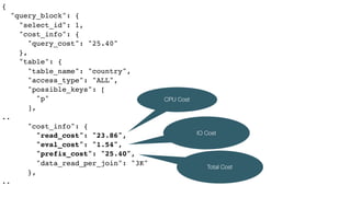 {
"query_block": {
"select_id": 1,
"cost_info": {
"query_cost": "25.40"
},
"table": {
"table_name": "country",
"access_type": "ALL",
"possible_keys": [
"p"
],
..
"cost_info": {
"read_cost": "23.86",
"eval_cost": "1.54",
"prefix_cost": "25.40",
"data_read_per_join": "3K"
},
..
CPU Cost
IO Cost
Total Cost
 