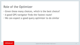 Copyright © 2017, Oracle and/or its affiliates. All rights reserved. |
Role of the Optimizer
• Given these many choices, which is the best choice?
• A good GPS navigator finds the fastest route!
• We can expect a good query optimizer to do similar
71
 