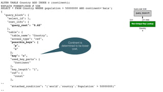 ALTER TABLE Country ADD INDEX c (continent);
EXPLAIN FORMAT=JSON # 50M 
SELECT * FROM Country WHERE population > 50000000 AND continent=‘Asia';
{
"query_block": {
"select_id": 1,
"cost_info": {
"query_cost": "9.60"
},
"table": {
"table_name": "Country",
"access_type": "ref",
"possible_keys": [
"p",
"c"
],
"key": "c",
"used_key_parts": [
"Continent"
],
"key_length": "1",
"ref": [
"const"
],
..
"attached_condition": "(`world`.`country`.`Population` > 50000000)"
..
Continent is
determined to be lower
cost.
 