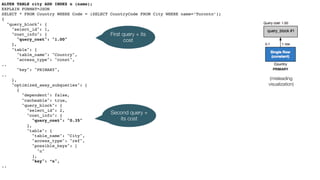 ALTER TABLE city ADD INDEX n (name);
EXPLAIN FORMAT=JSON
SELECT * FROM Country WHERE Code = (SELECT CountryCode FROM City WHERE name=‘Toronto’);
{
"query_block": {
"select_id": 1,
"cost_info": {
"query_cost": "1.00"
},
"table": {
"table_name": "Country",
"access_type": "const",
..
"key": "PRIMARY",
..
},
"optimized_away_subqueries": [
{
"dependent": false,
"cacheable": true,
"query_block": {
"select_id": 2,
"cost_info": {
"query_cost": "0.35"
},
"table": {
"table_name": "City",
"access_type": "ref",
"possible_keys": [
"n"
],
"key": “n",
..
First query + its
cost
Second query +
its cost
(misleading
visualization)
 